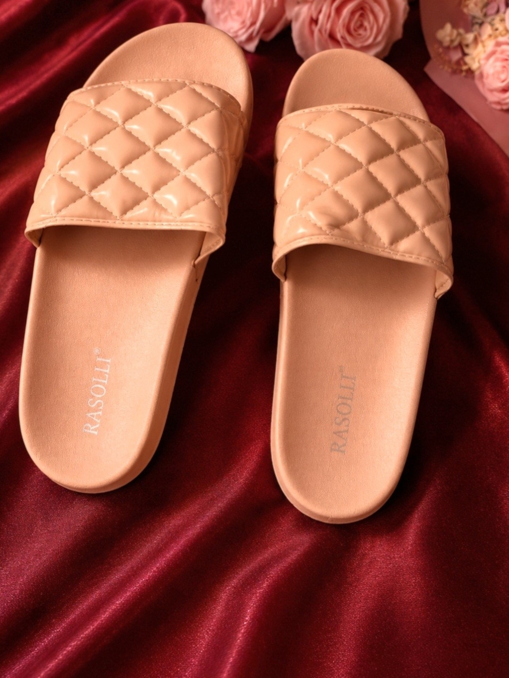 Rasolli Quilted Slide Sandals in Blush Beige